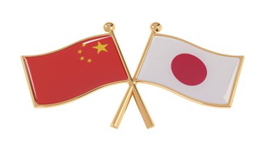 Çin ve Japonya 'nın rozet ortaklığı. Beyaz arka planda Ulusal bayraklar 3D Illustration