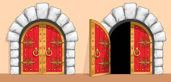 Porta medievale in legno rosso decorata con ferro battuto — Vettoriale Stock