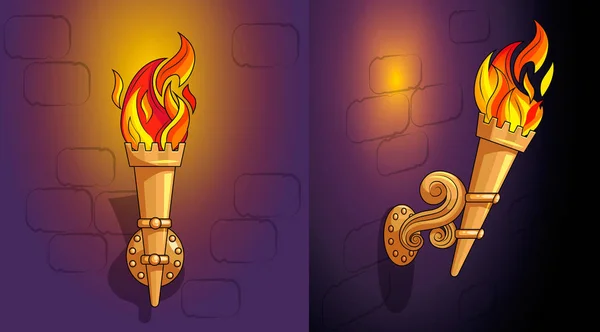 Факели з палаючим вогнем, прикрашений декор, ніч — стоковий вектор