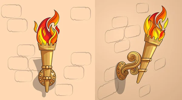 La antorcha con fuego ardiente, la decoración adornada, el día — Vector de stock