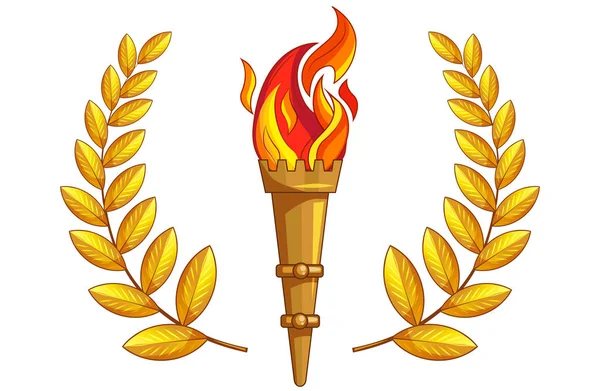 De fakkel met brandende vuur, gouden lauriertak. — Stockvector