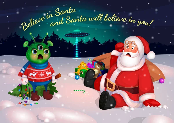 Weihnachtsmann und Alien, frohes neues Jahr, Postkarte, Vektor. — Stockvektor
