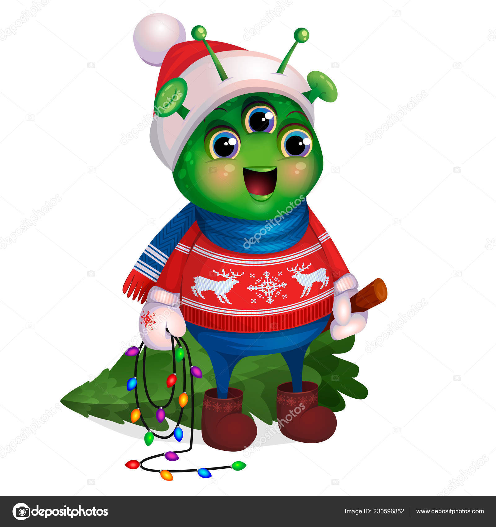 Alien in sweater holding Christmas New Stock Vector by