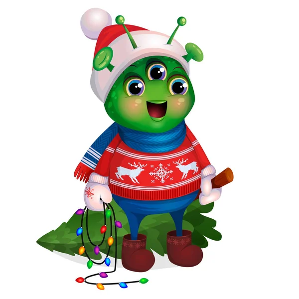 Alien in maglione che tiene l'albero di Natale. Anno nuovo . — Vettoriale Stock