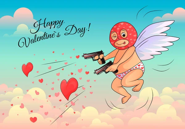 Cupid in mask aims gun at frame. Valentine's day. — Stock Vector