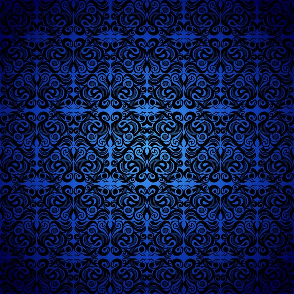 Damasco, patrón negro sin costuras, azul. Neoclásico — Vector de stock