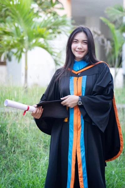 Portrait Happy Excited Young Asian Female University Graduate Wears Graduation — Stock Photo, Image