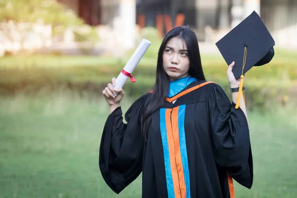 Portrait Happy Excited Young Asian Female University Graduate Wears Graduation — Stock Photo, Image