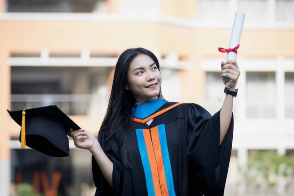 Portrait Happy Excited Young Asian Female University Graduate Wears Graduation — Stock Photo, Image