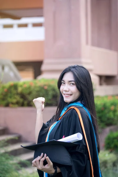 Portrait Happy Excited Young Asian Female University Graduate Wears Graduation — Stock Photo, Image