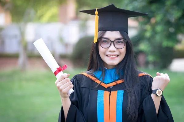 Portrait Happy Excited Young Asian Female University Graduate Wears Graduation — Stock Photo, Image