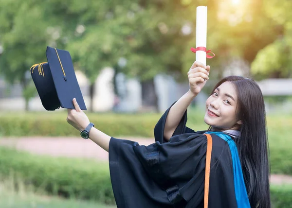 Portrait Happy Excited Young Asian Female University Graduate Wears Graduation — Stock Photo, Image