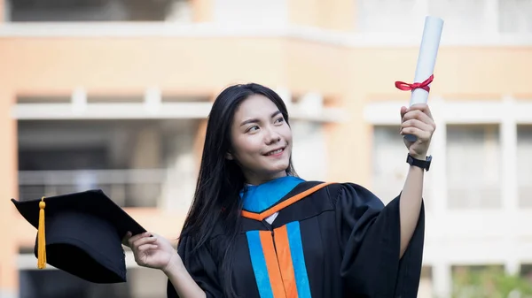 Portrait Happy Excited Young Asian Female University Graduate Wears Graduation — Stock Photo, Image