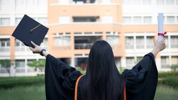 Portrait Happy Excited Young Asian Female University Graduate Wears Graduation — Stock Photo, Image