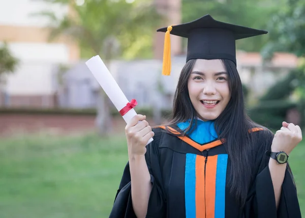 Portrait Happy Excited Young Asian Female University Graduate Wears Graduation — Stock Photo, Image