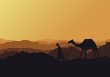 Arap gündoğumu ve bir erkekle bir deve silüeti