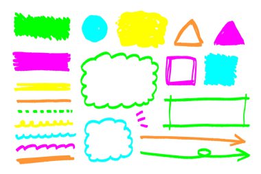 Konuşma baloncukları, çerçeveler, oklar, vurgu çizgileri, çizgi roman stili tasarımı için dekorasyon içeren el çizimi renkli çizim çizimleri