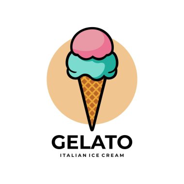 Gelato dondurma logosu tasarım vektör çizim şablonu. Lezzetli İtalyan çilekli dondurma.
