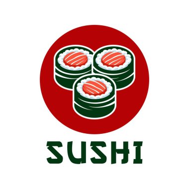 Suşi logosu çizimi daire şeklinde, Japon geleneksel yemekleri, Japon deniz ürünleri logosu Asya simbol vintage