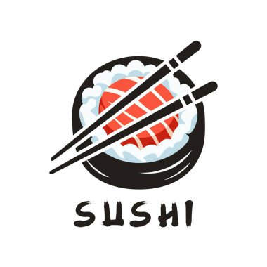 Suşi logosu çizimi daire şeklinde, Japon geleneksel yemekleri, Japon deniz ürünleri logosu Asya simbol vintage