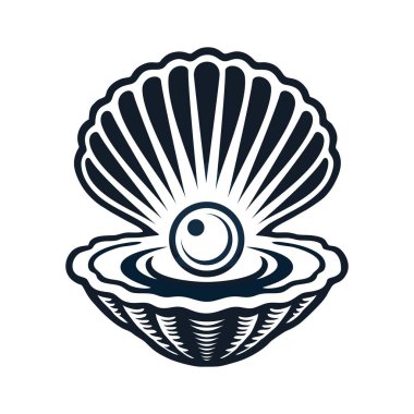 İnci logosu tasarım vektör çizim şablonu. Güzel deniz kabuğunun basit simgesi. Siyah ve beyaz.