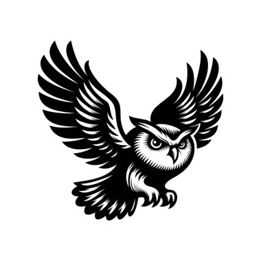 Baykuş logosu vektör çizimi şablonu. Dala siyah beyaz el çiz.