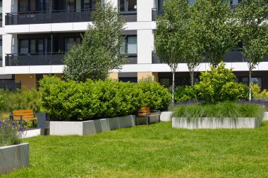 Yeşil çimler, dekoratif çalılar, ağaçlar, banklar ve beton ekicilerin yer aldığı modern yerleşim alanı. Şehir yeşilliği, açık hava rahatlığı ve sürdürülebilir mimari