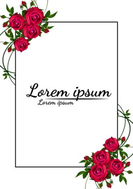 Kırmızı gülleri ve yaprakları olan güzel bir buket. Çiçek aranjmanı. Tasarım tebrik kartı ve düğün davetiyesi, doğum günü, Sevgililer Günü, Anneler Günü ve diğer tatiller..