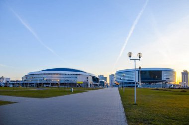Belarus, Minsk - 10 Nisan 2016: Minsk-Arena spor kompleksi yarışmalar için hazırlanıyor toplumsal hizmetler.