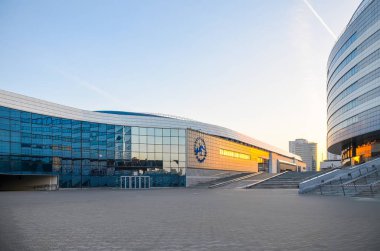Belarus, Minsk - 10 Nisan 2016: Minsk-Arena spor kompleksi yarışmalar için hazırlanıyor toplumsal hizmetler.