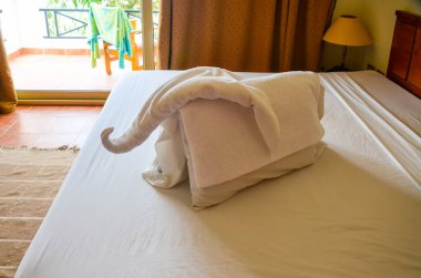 Mısır, Sharm El Sheikh - 8 Haziran 2015: otel personeli müşteriler şaşırtmaya havlu dışarı rakamlı para kazandı
