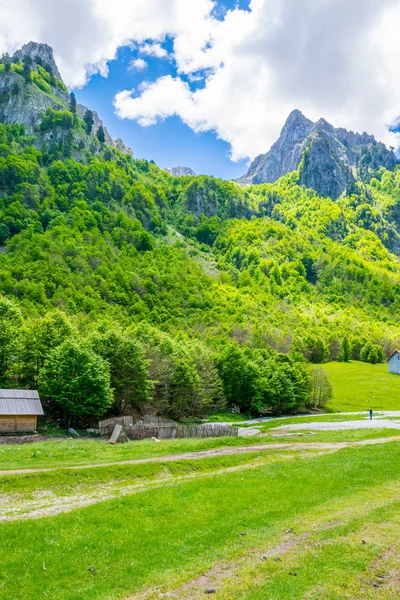 Prados Rurais Verdes Pitorescos Perto Grandes Montanhas Altas — Fotografia de Stock