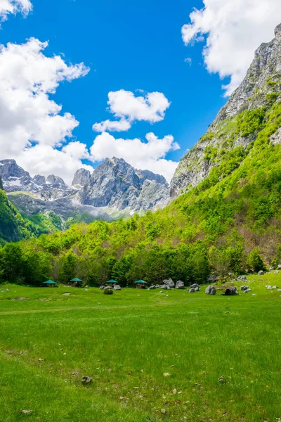 Natursköna Gröna Ängen Bakgrund Hög Nådde Stenar — Stockfoto