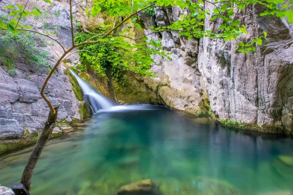 Небольшой Живописный Водопад Зеленой Горной Лагуне — стоковое фото