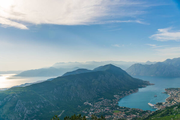 Panoramic view of ancient city of Kotor and Boka Kotorska bay from top of mountain