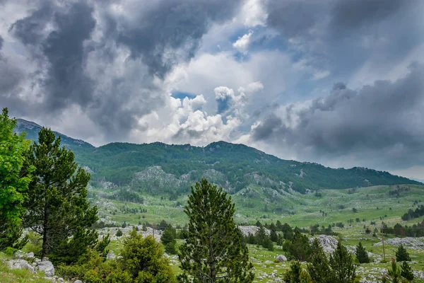 Nuvole Piovose Avvicinano Verde Prato Montagna — Foto Stock