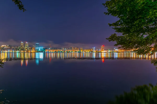 Colorful Reflection Glowing City Wide Calm River — Stock Photo, Image
