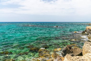 Deniz dalgaları kayalık kıyıya vuruyor.