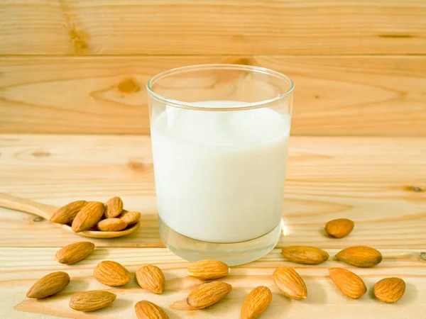 Glass Almond Milk Shelled Almonds Wooden Table — Stock Photo, Image