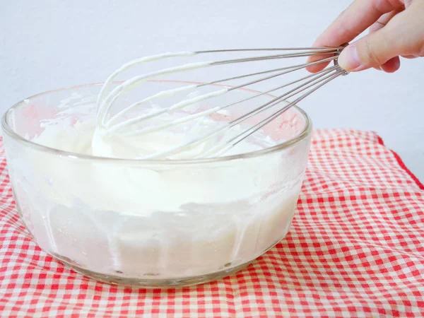 Woman Hand Holding Whisk Mixing Cream Cheese Glass Bowl — Stock Photo, Image