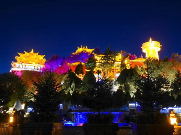 Bunte Goldene Tempel Oder Dafo Mit Beleuchtung Der Nacht Shangri — Stockfoto