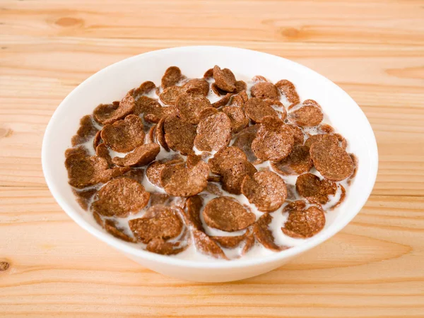 Cioccolato Colazione Cereali Una Ciotola Bianca Sul Tavolo Legno Sano — Foto Stock