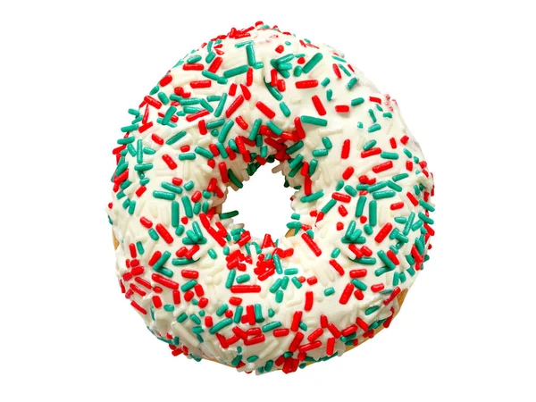 Köstliche Weiße Glasierte Donut Mit Bunten Festlichen Zuckerstrand Streut Isoliert — Stockfoto
