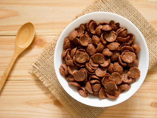 Chocolate Breakfast Cereal White Bowl Wooden Table Top View Healthy — Stock Photo, Image