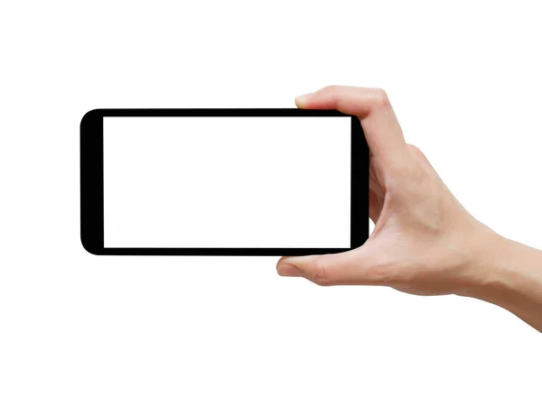 Kadın el siyah smartphone beyaz ekran ile tutarak