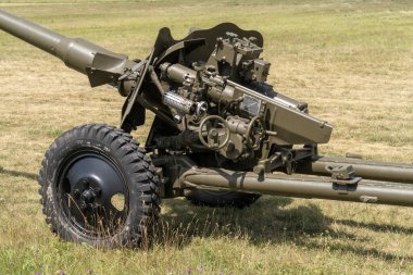 Eski Sovyet tümeni 85 mm kalibrelik D44 kalibre topçu tüfeği açık çayırlarda.