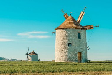 Otlak bir tarlada kırsal taş yel değirmeni