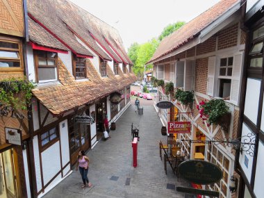 15 Ocak 2015 Campos Jordao, Sao Paulo, Brezilya, en iyi sokak görünümü Bulvarı'Capivari, tipik yarı ahşap evleri ve güneşli bir günde geziniyor turist ile yapmak..