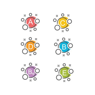 B12, B, C, A, D, E, K vitamini. Çoklu Vitamin seti, karmaşık simgeler.