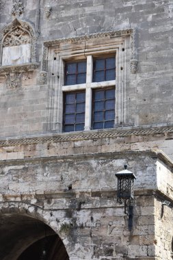 Historical building at Hippocrates square at Rhodes, Greece. Castellania Building with Central Public Library. Main square of Rhodes old town. Travel to Greece. 